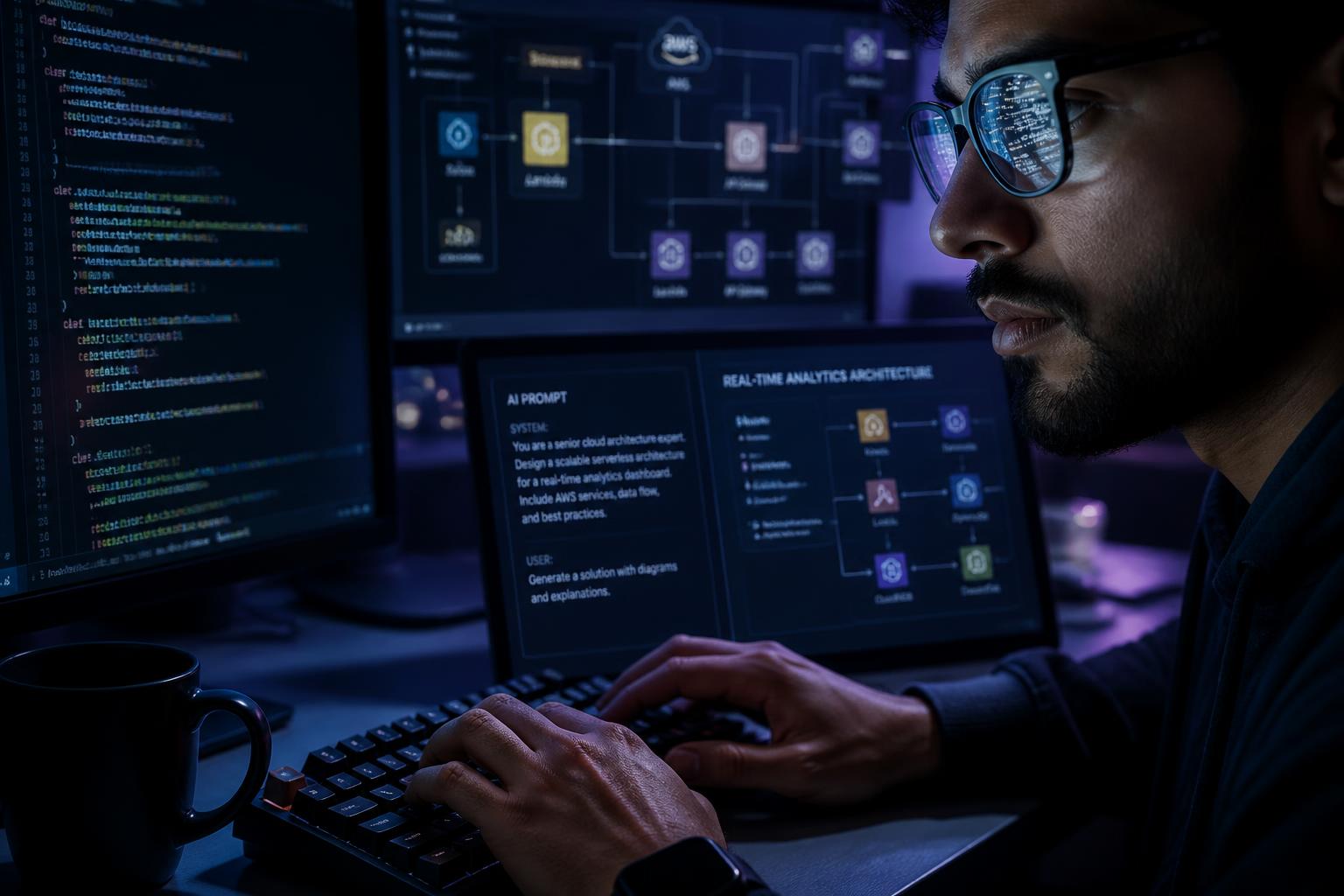 TenetScale engineer designing a real-time analytics architecture on AWS with AI prompt context