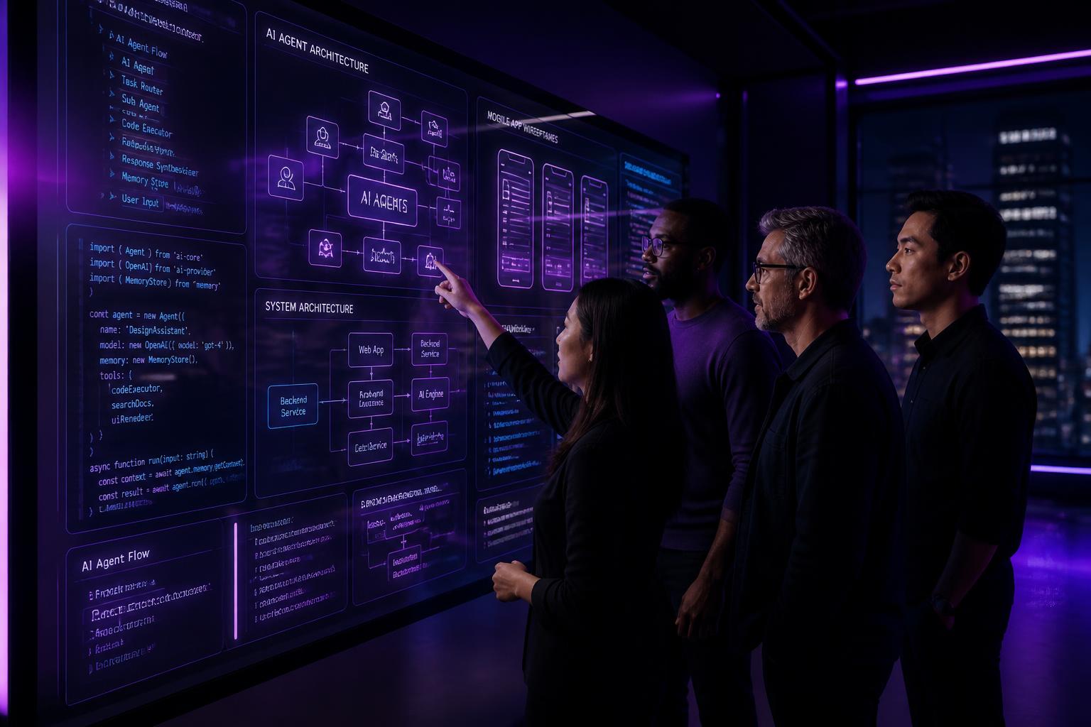 TenetScale engineers and designers architecting an AI platform on an interactive glass wall