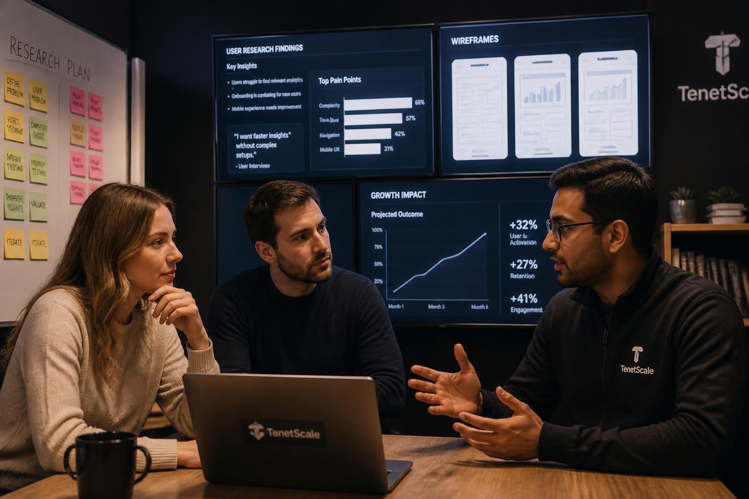 Founders reviewing user research findings, wireframes, and growth projections with a TenetScale strategist