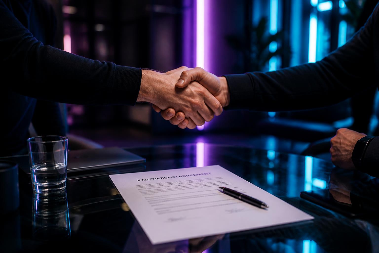 Two founders shaking hands over a partnership agreement