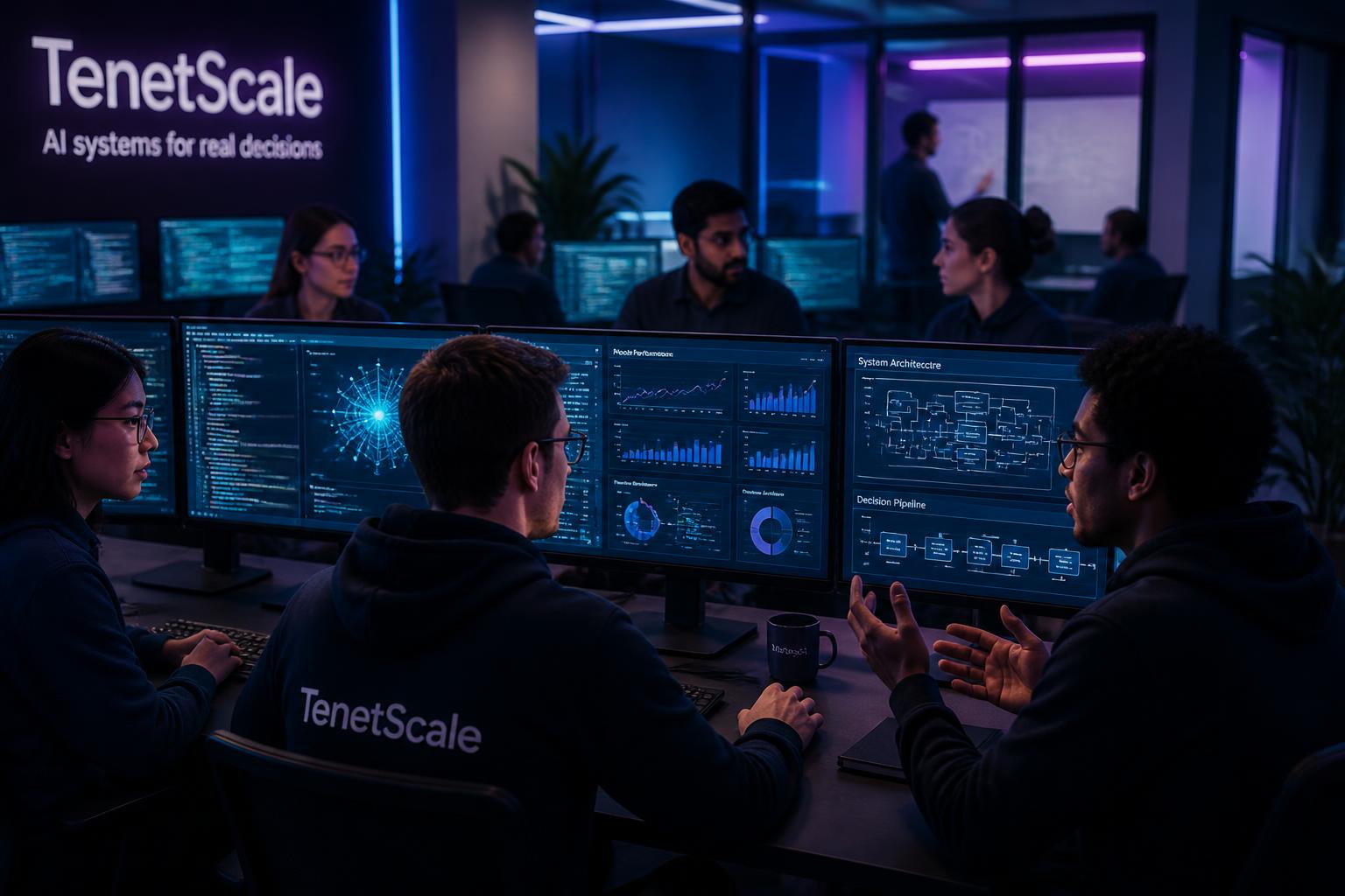 TenetScale research and engineering team analyzing AI dashboards and architecture diagrams across multi-monitor setups
