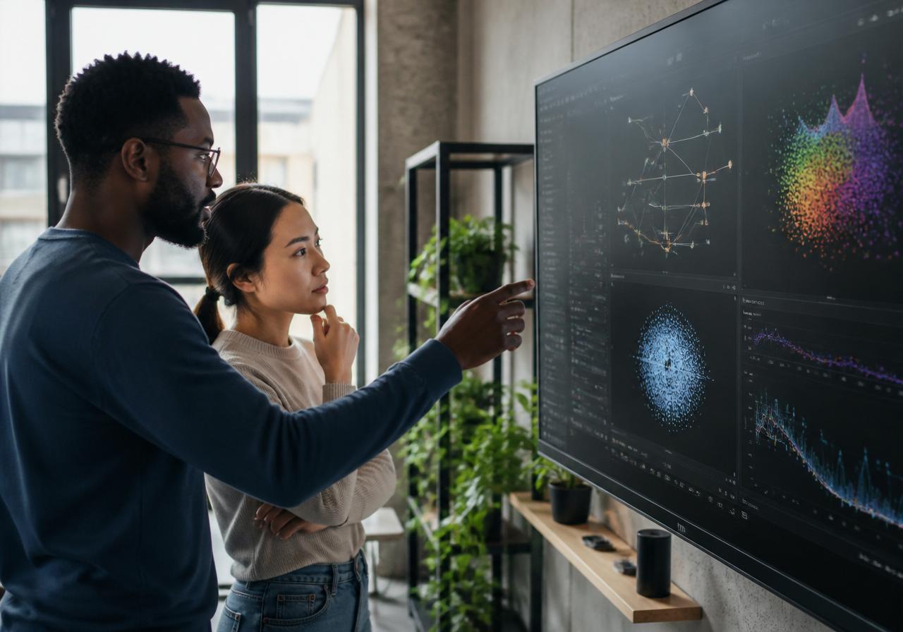 Two engineers reviewing AI dashboards with model graphs and embeddings
