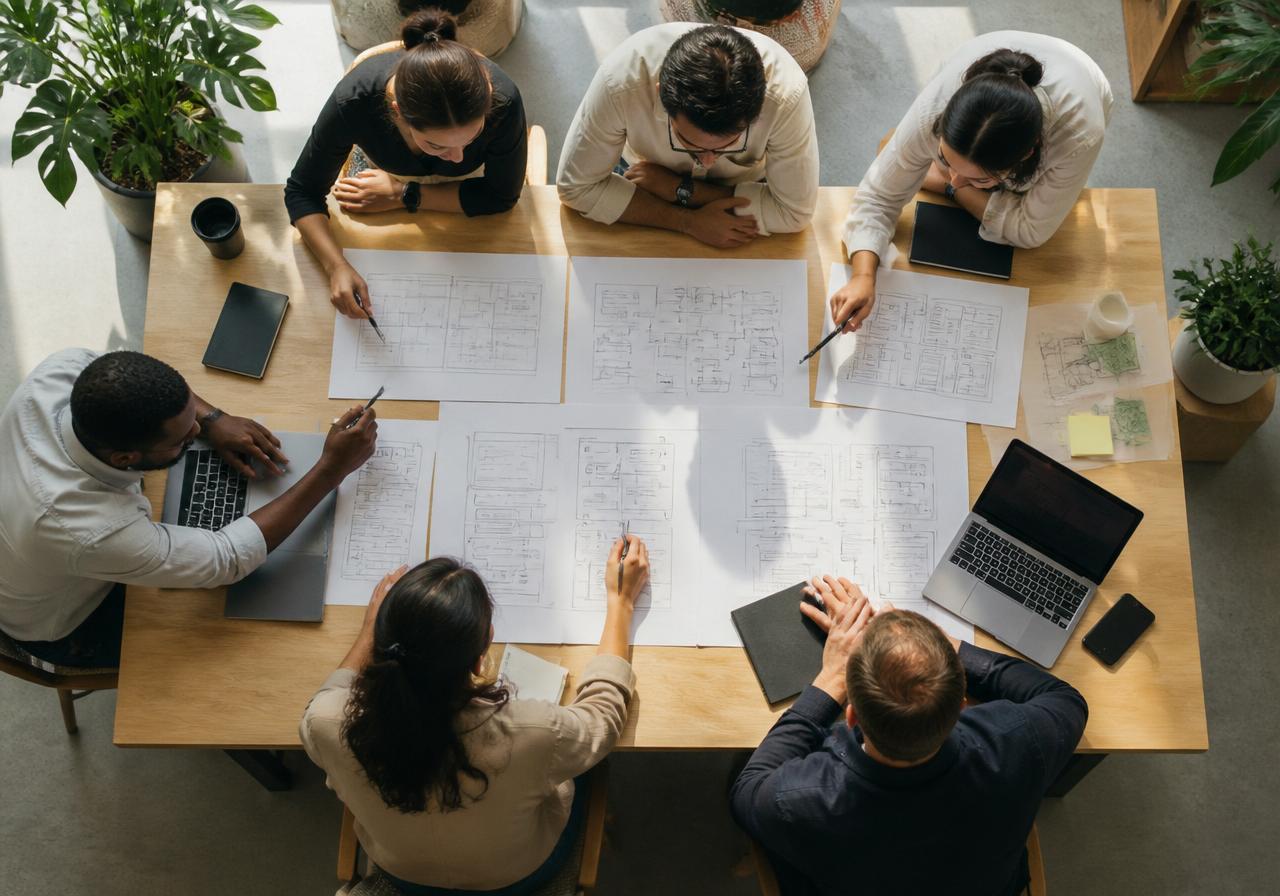 Diverse team reviewing wireframes and system diagrams on a bright workshop table