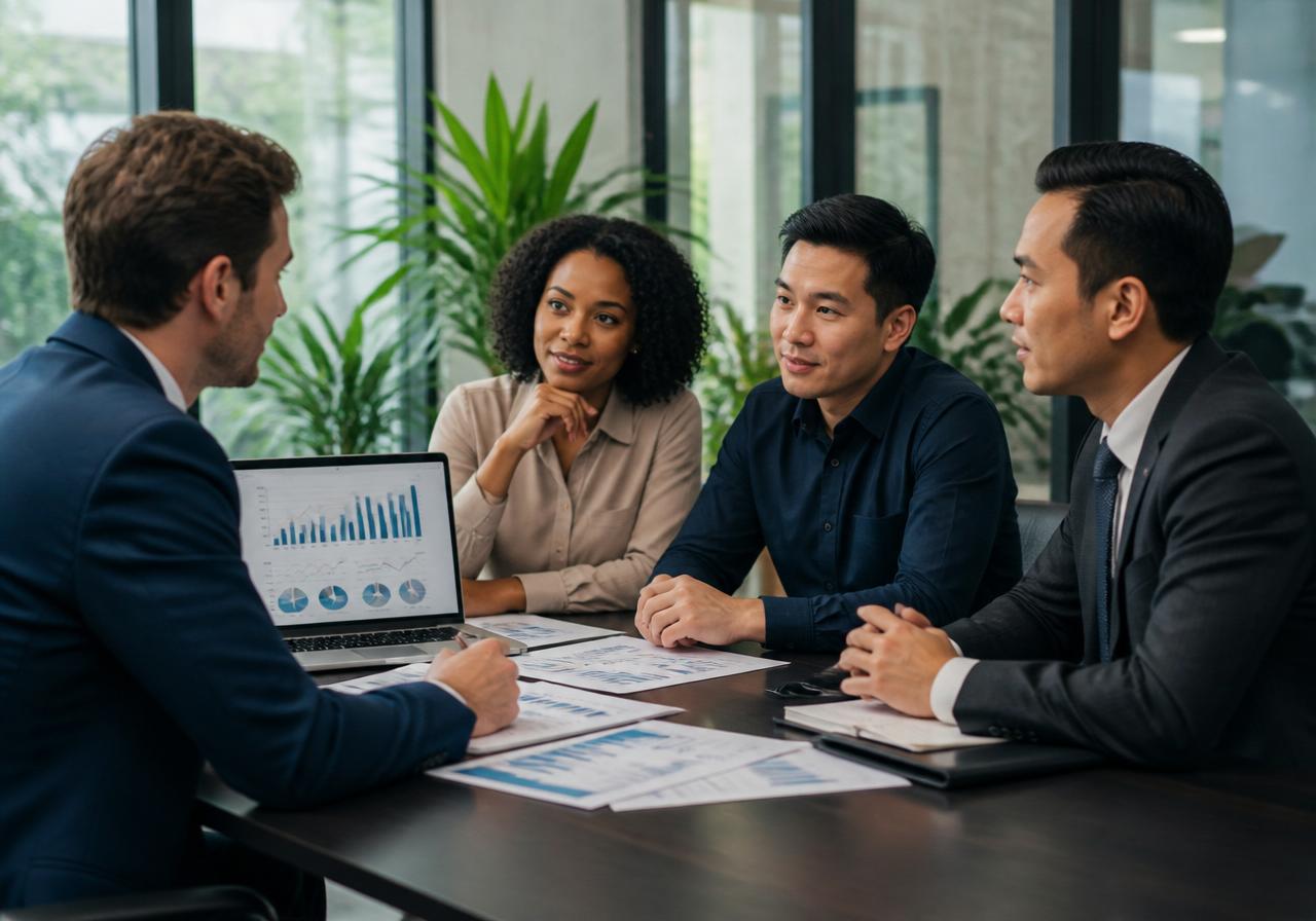 Diverse founders meeting with a financial advisor reviewing revenue charts