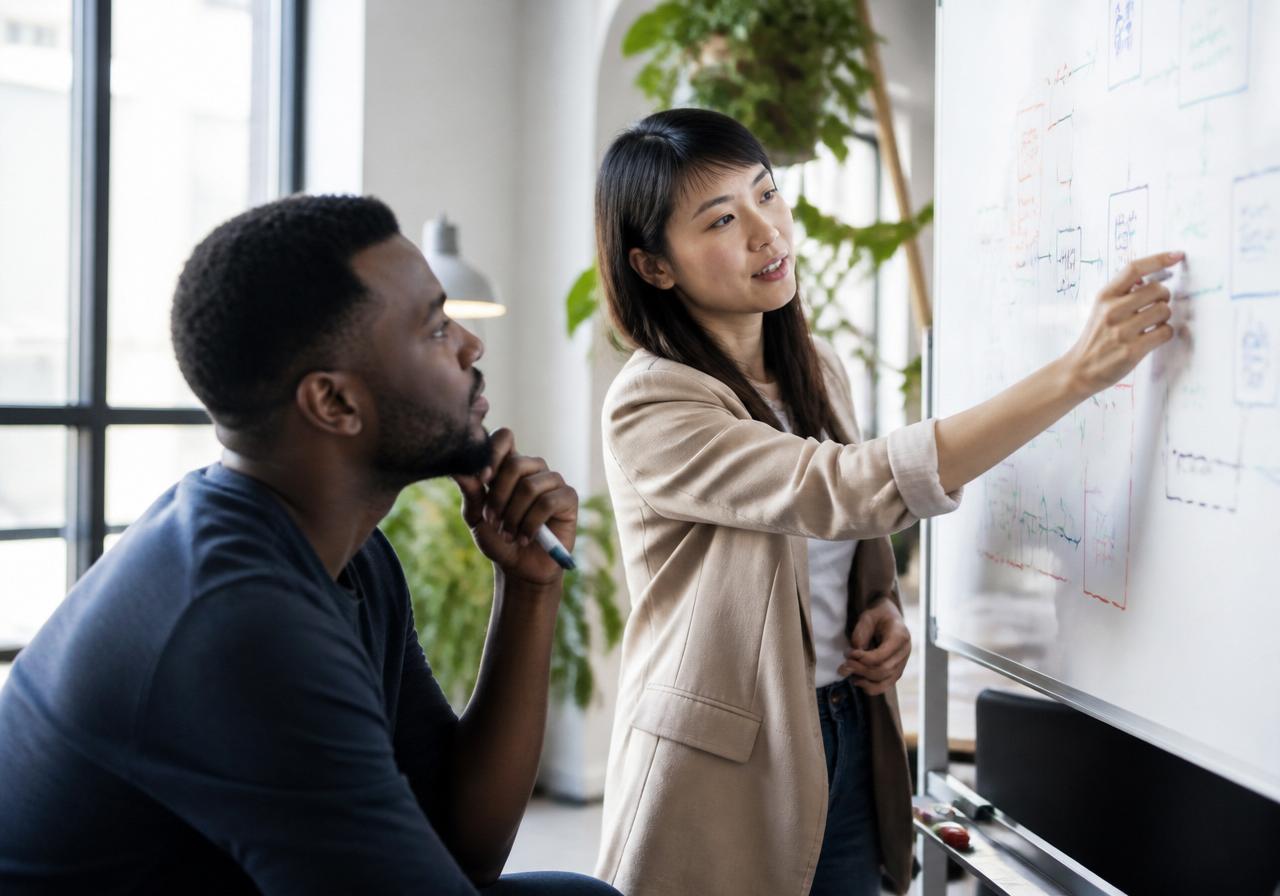 Senior engineer mentoring a founder at a whiteboard with system diagrams
