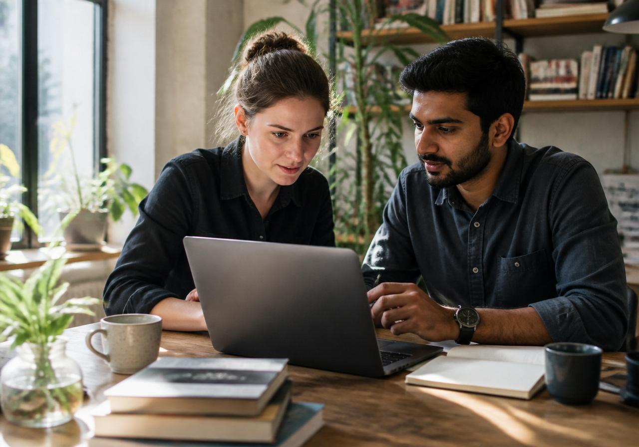 Writer and strategist editing brand copy together on a laptop