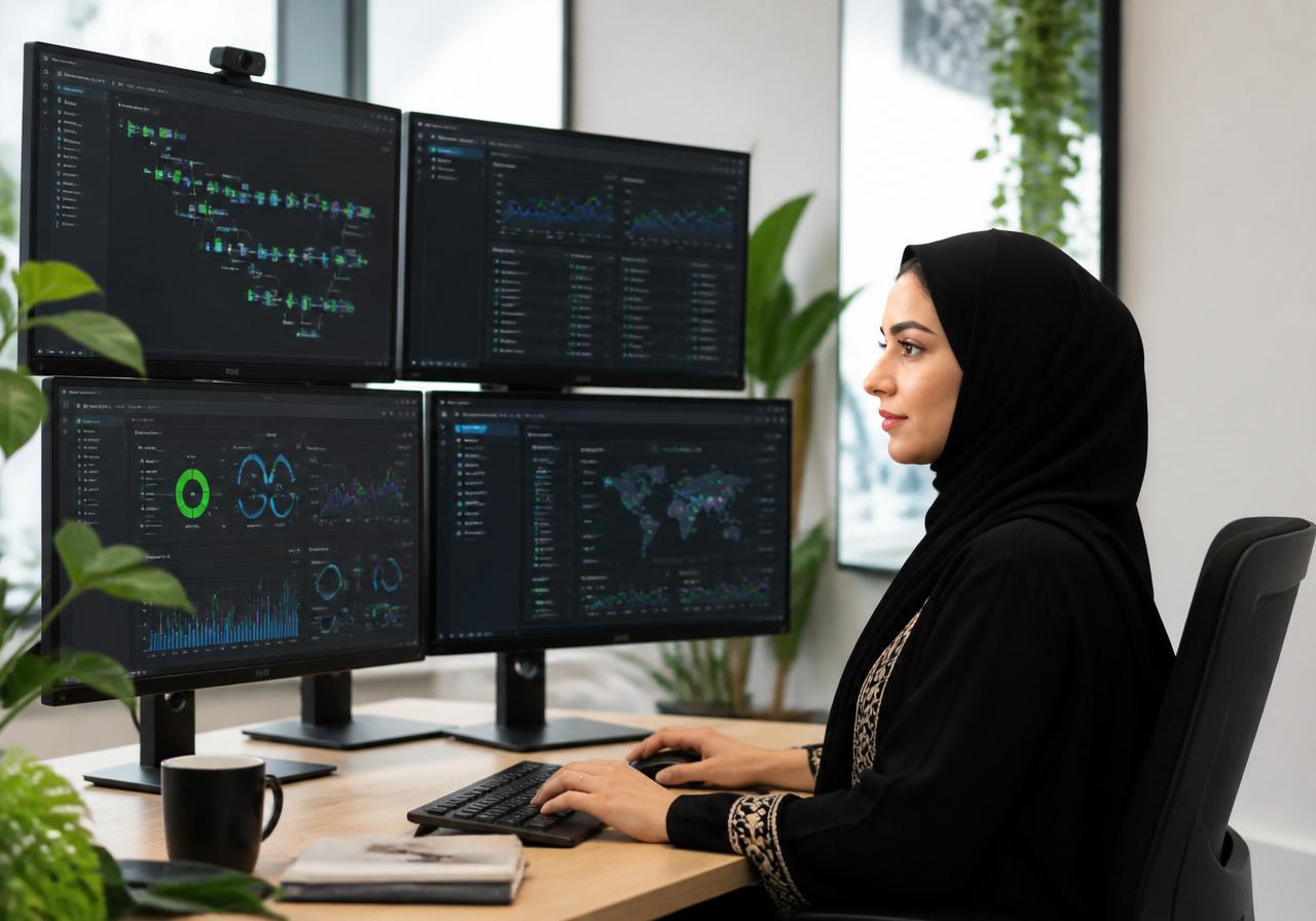 DevOps engineer monitoring cloud infrastructure dashboards on multiple screens