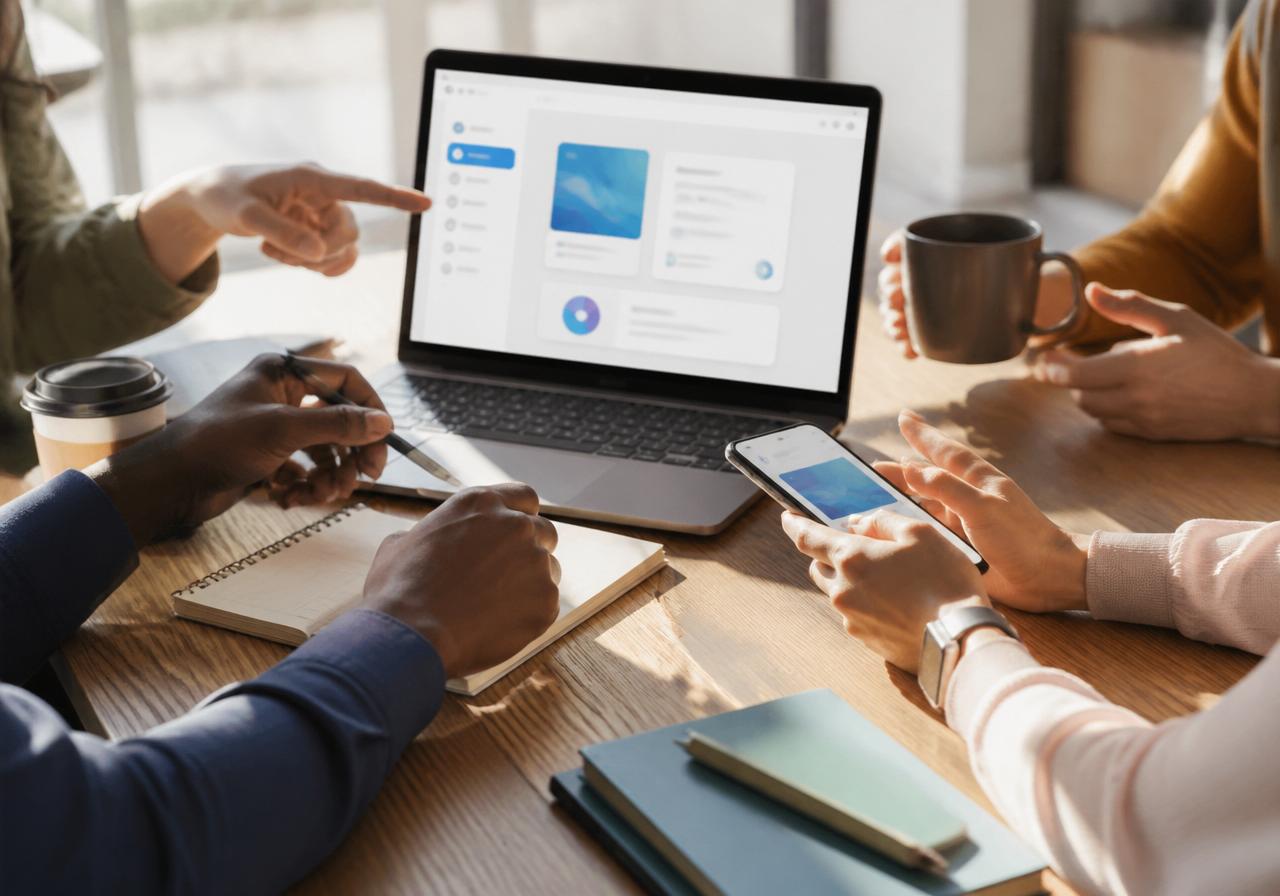 Hands of a diverse founding team around a laptop showing a polished product UI