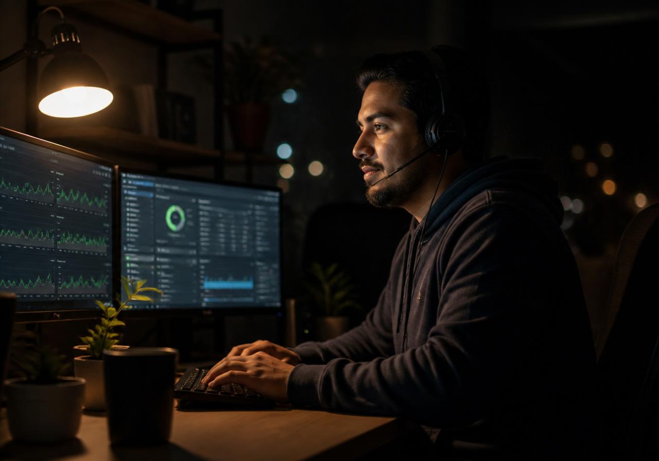 Support engineer monitoring product uptime and dashboards at night