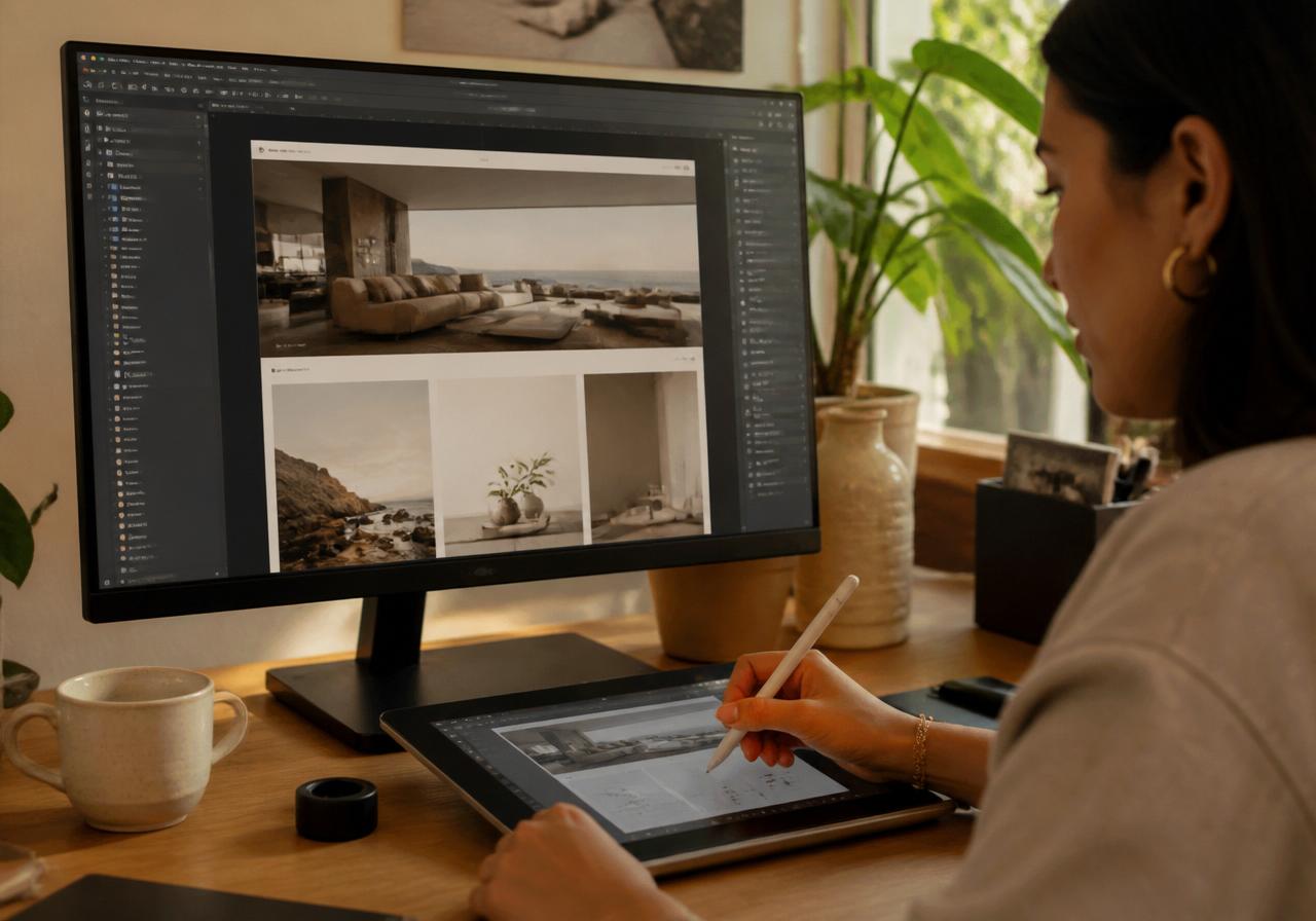 Designer working in Figma on a premium website layout in a sunlit studio
